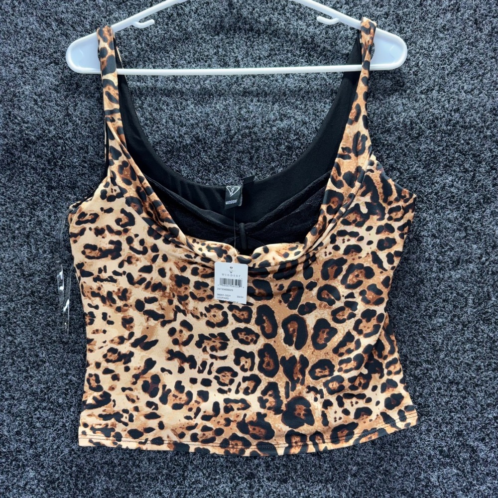 Windsor Leopard Print Cowl Neck Tank Top‎ Lace Trim Brown Black T7916-A  L - Picture 2 of 7